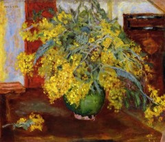 Peinture d’un bouquet de mimosa dans un vase sphérique vert.